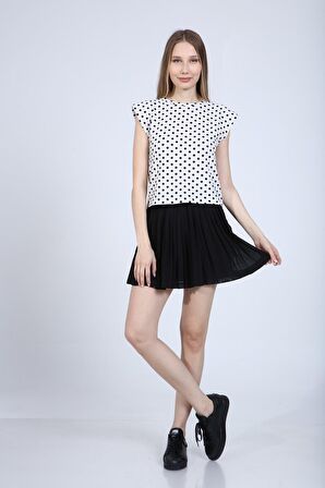 neslice Kadın Puantiyeli Vatkalı T-shirt M-SİYAH PUANTİYELİ