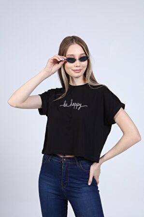 neslice Kadın Oversize Crop T-Shirt M-SİYAH