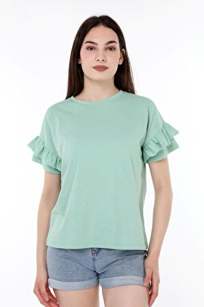 neslice Kadın Omuzdan Fırfırlı  T-shirt L-YESIL