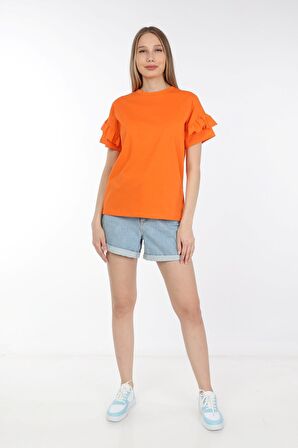 neslice Kadın Omuzdan Fırfırlı  T-shirt M-TURUNCU