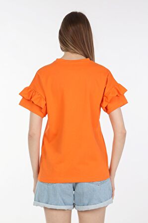 neslice Kadın Omuzdan Fırfırlı  T-shirt M-TURUNCU