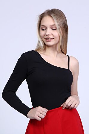 neslice Kadın Siyah Tek Omuz Askılı Çıtçıtlı Badi S-SİYAH