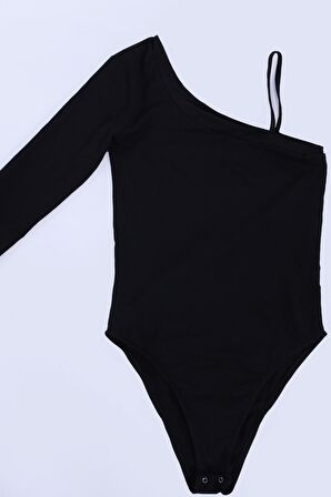 neslice Kadın Siyah Tek Omuz Askılı Çıtçıtlı Badi S-SİYAH