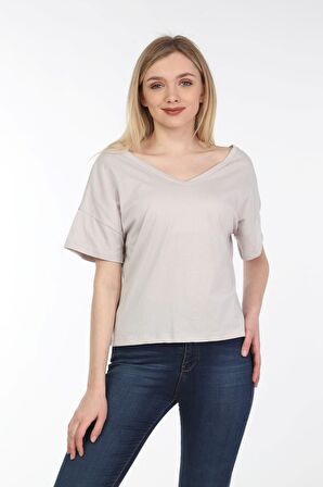neslice Kadın Oversize Çift Taraf V Yaka T-Shirt S-EKRU