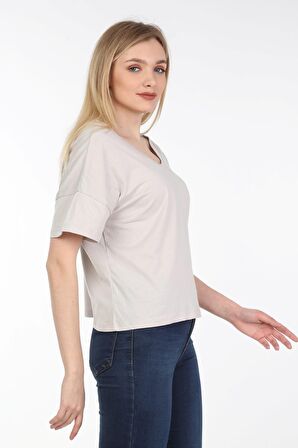 neslice Kadın Oversize Çift Taraf V Yaka T-Shirt S-EKRU