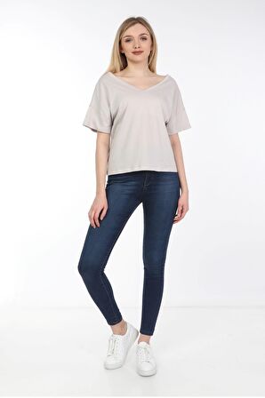 neslice Kadın Oversize Çift Taraf V Yaka T-Shirt S-EKRU
