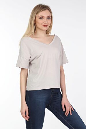 neslice Kadın Oversize Çift Taraf V Yaka T-Shirt S-EKRU