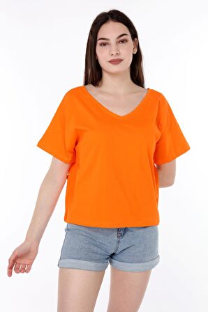 neslice Kadın Oversize Çift Taraf V Yaka T-Shirt S-TURUNCU