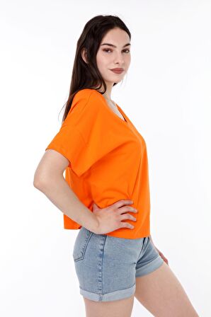 neslice Kadın Oversize Çift Taraf V Yaka T-Shirt S-TURUNCU