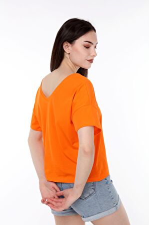 neslice Kadın Oversize Çift Taraf V Yaka T-Shirt S-TURUNCU