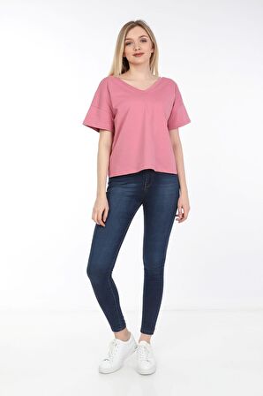 neslice Kadın Oversize Çift Taraf V Yaka T-Shirt L-PEMBE