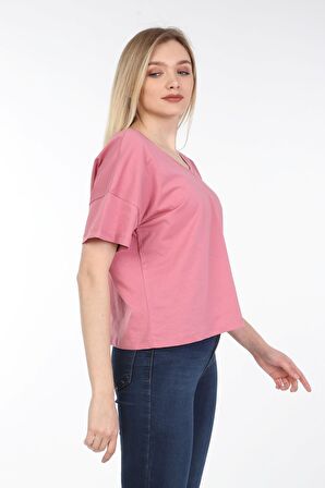 neslice Kadın Oversize Çift Taraf V Yaka T-Shirt L-PEMBE