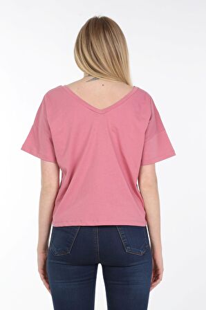 neslice Kadın Oversize Çift Taraf V Yaka T-Shirt L-PEMBE