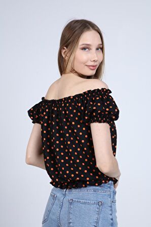 neslice Kadın Madonna Yaka Beli Lastikli Bluz S-SİYAH