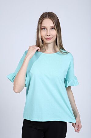 neslice Kadın Kol Ucu Fırfırlı T-Shirt L-MİNT YEŞİL