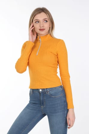 neslice Kadın Fermuarlı Yarım Balıkçı T-Shirt M-HARDAL