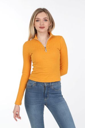 neslice Kadın Fermuarlı Yarım Balıkçı T-Shirt M-HARDAL
