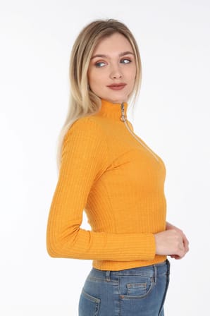 neslice Kadın Fermuarlı Yarım Balıkçı T-Shirt M-HARDAL