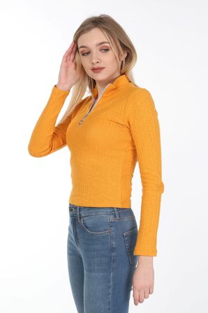 neslice Kadın Fermuarlı Yarım Balıkçı T-Shirt M-HARDAL