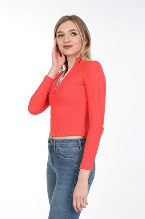 neslice Kadın Fermuarlı Yarım Balıkçı T-Shirt L-PEMBE