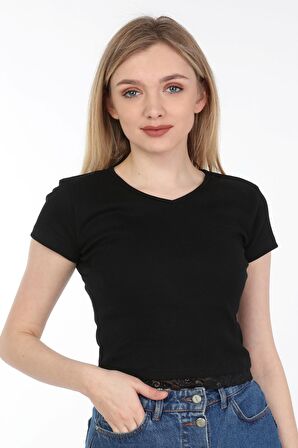 neslice Kadın Eteği Dantelli T-Shirt L-SİYAH