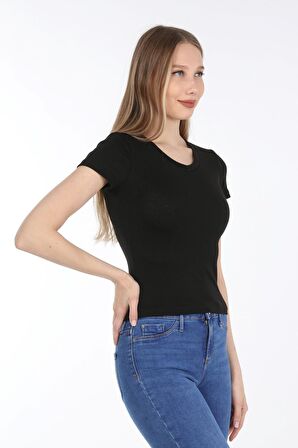 neslice Kadın V Yaka T-Shirt L-SİYAH