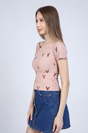 neslice Kadın Madonna Yaka T-Shirt M-GÜL KURUSU