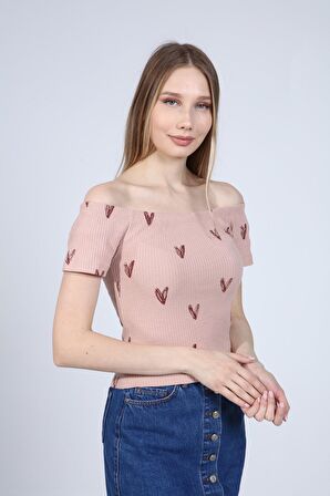 neslice Kadın Madonna Yaka T-Shirt S-GÜL KURUSU
