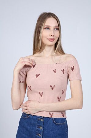 neslice Kadın Madonna Yaka T-Shirt S-GÜL KURUSU