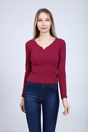 neslice Kadın Çıtçıt Detaylı Uzun Kol T-Shirt S-MÜRDÜM