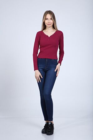 neslice Kadın Çıtçıt Detaylı Uzun Kol T-Shirt S-MÜRDÜM