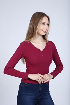 neslice Kadın Çıtçıt Detaylı Uzun Kol T-Shirt S-MÜRDÜM