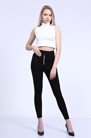 neslice Kadın Fermuarlı Pantolon S-SİYAH