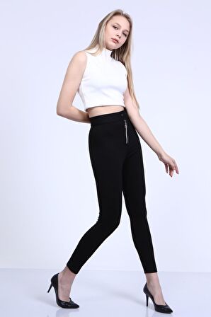 neslice Kadın Fermuarlı Pantolon S-SİYAH