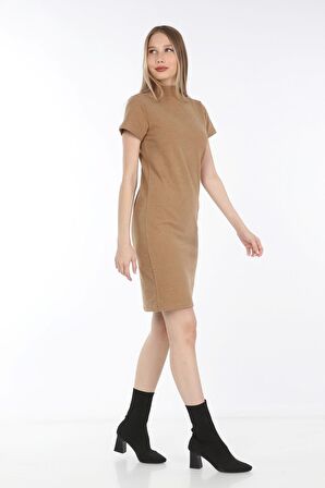 neslice Kadın Hardal Balıkçı Yaka Yırtmaçlı Elbise M-HARDAL