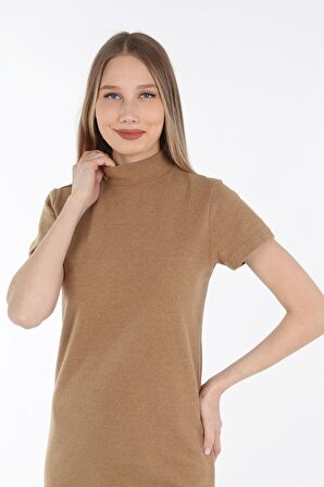 neslice Kadın Hardal Balıkçı Yaka Yırtmaçlı Elbise M-HARDAL