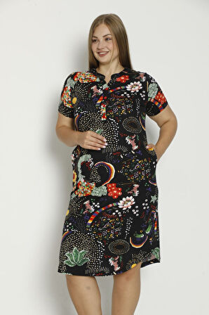 Kadın Kısa Kollu Cepli Düğmeli Büyük Beden Penye Modal Pamuklu Elbise