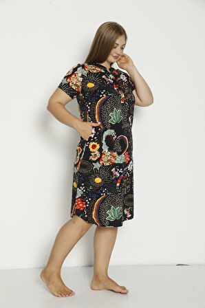 Kadın Kısa Kollu Cepli Düğmeli Büyük Beden Penye Modal Pamuklu Elbise