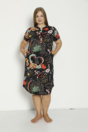 Kadın Kısa Kollu Cepli Düğmeli Büyük Beden Penye Modal Pamuklu Elbise