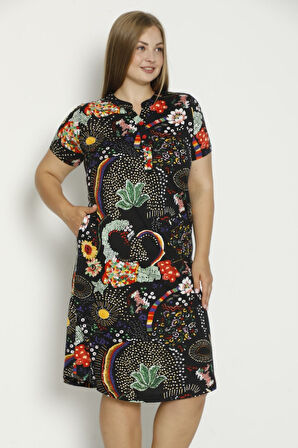 Kadın Kısa Kollu Cepli Düğmeli Büyük Beden Penye Modal Pamuklu Elbise