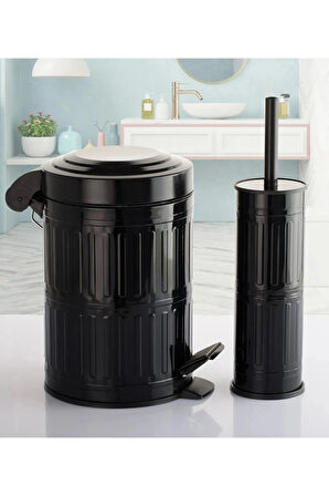 Pedallı Çöp Kovası Tuvalet Wc Fırçası Banyo Çöp Kovası 2'li Banyo Seti 5 Litre Siyah Vintage     