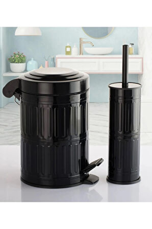 Pedallı Çöp Kovası Tuvalet Wc Fırçası Banyo Çöp Kovası 2'li Banyo Seti 5 Litre Siyah Vintage     
