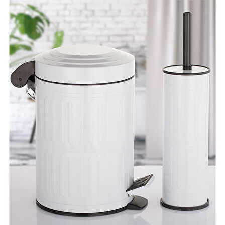 Pedallı Çöp Kovası Tuvalet Wc Fırçası Banyo Çöp Kovası 2'li Banyo Seti 5 Litre Beyaz Vintage     