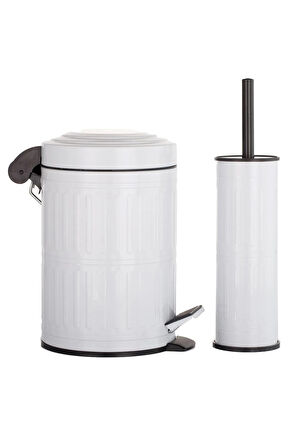 Pedallı Çöp Kovası Tuvalet Wc Fırçası Banyo Çöp Kovası 2'li Banyo Seti 5 Litre Beyaz Vintage     