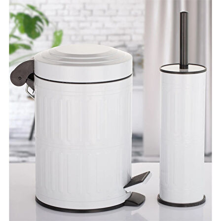 Pedallı Çöp Kovası Tuvalet Wc Fırçası Banyo Çöp Kovası 2'li Banyo Seti 5 Litre Beyaz Vintage     