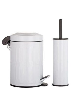 Pedallı Çöp Kovası Tuvalet Wc Fırçası Banyo Çöp Kovası 2'li Banyo Seti 5 Litre Beyaz Vintage     