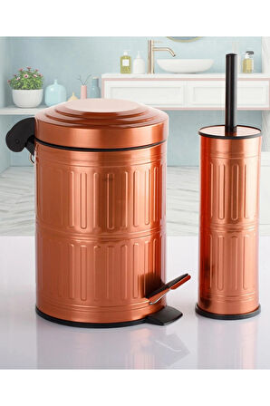 Pedallı Çöp Kovası Tuvalet Wc Fırçası Banyo Çöp Kovası 2li Banyo Seti 5 Litre Bakır Vintage   