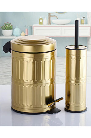 Pedallı Çöp Kovası Tuvalet Wc Fırçası Banyo Çöp Kovası 2li Banyo Seti 5 Litre Gold Vintage