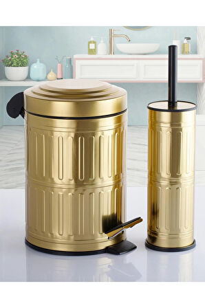 Pedallı Çöp Kovası Tuvalet Wc Fırçası Banyo Çöp Kovası 2li Banyo Seti 5 Litre Gold Vintage