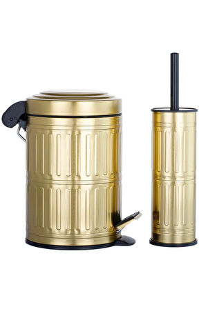 Pedallı Çöp Kovası Tuvalet Wc Fırçası Banyo Çöp Kovası 2li Banyo Seti 5 Litre Gold Vintage